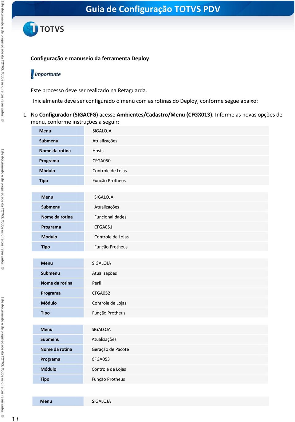 Informe as novas opções de menu, conforme instruções a seguir: Menu SIGALOJA Submenu Nome da rotina Programa Módulo Tipo Atualizações Hosts CFGA050 Controle de Lojas Função Protheus Menu Submenu Nome