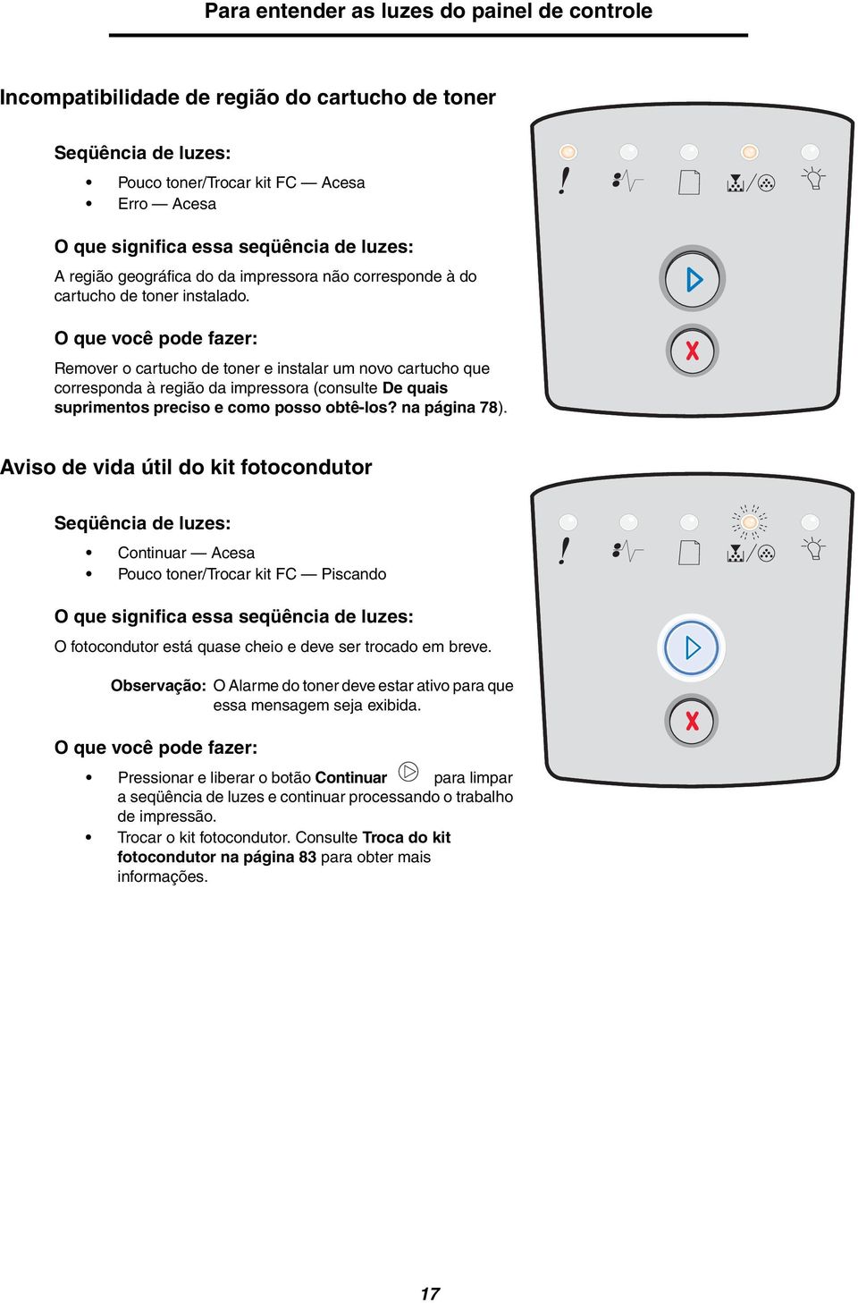 O que você pode fazer: Remover o cartucho de toner e instalar um novo cartucho que corresponda à região da impressora (consulte De quais suprimentos preciso e como posso obtê-los? na página 78).