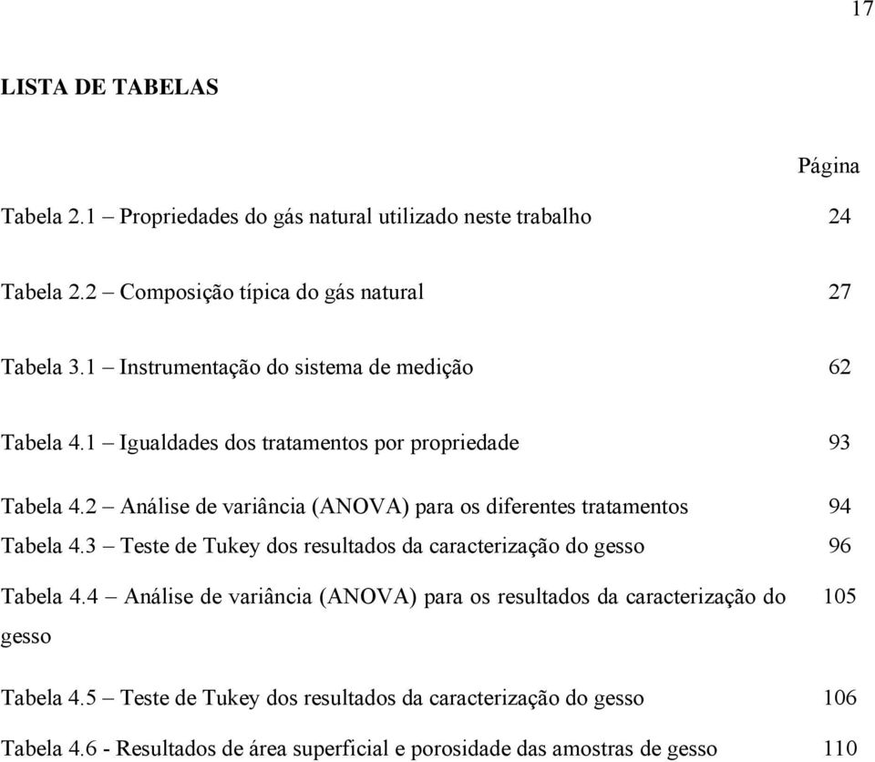 2 Análise de variância (ANOVA) para os diferentes tratamentos 94 Tabela 4.3 Teste de Tukey dos resultados da caracterização do gesso 96 Tabela 4.