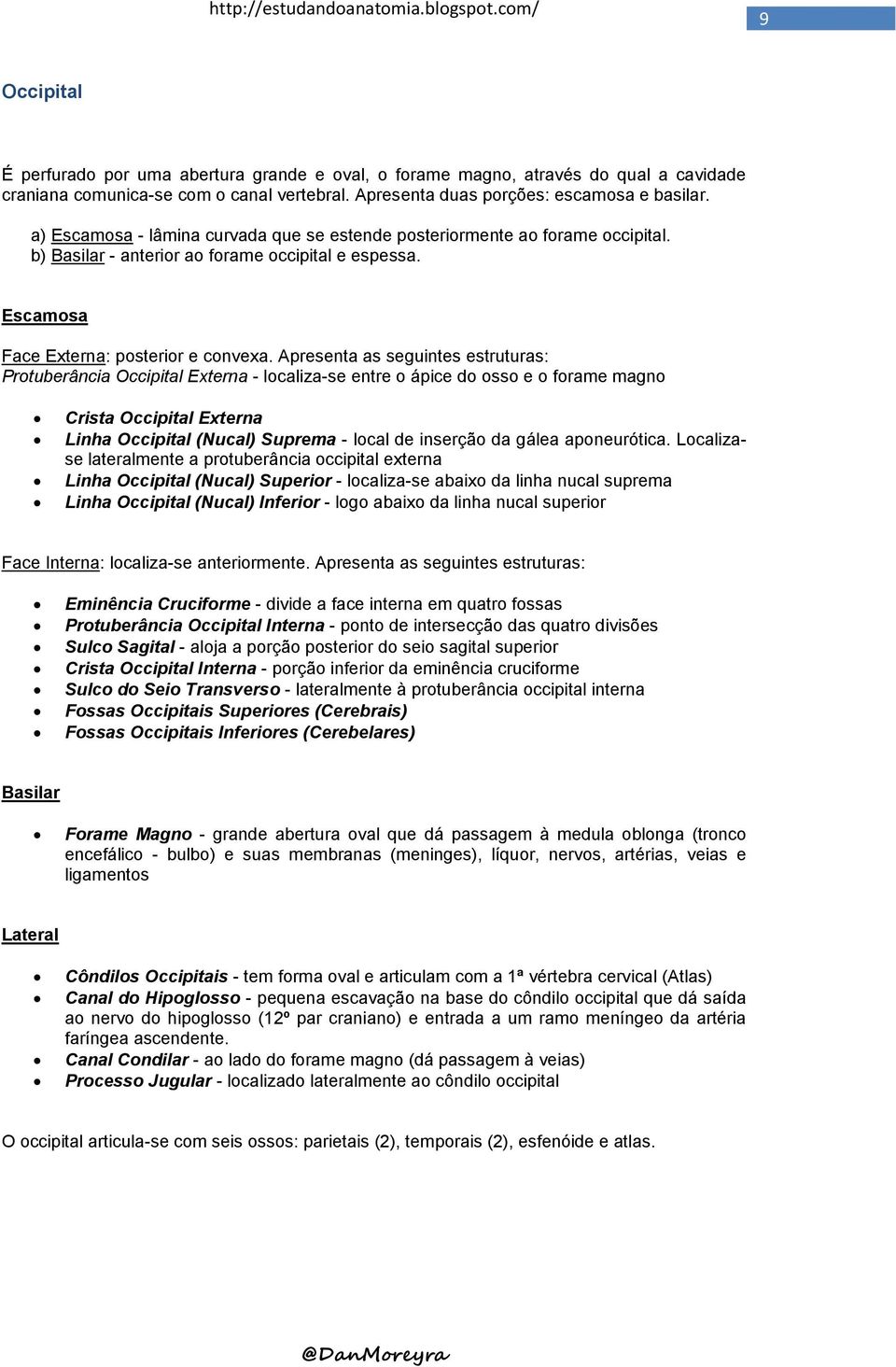 Apresenta as seguintes estruturas: Protuberância Occipital Externa - localiza-se entre o ápice do osso e o forame magno Crista Occipital Externa Linha Occipital (Nucal) Suprema - local de inserção da