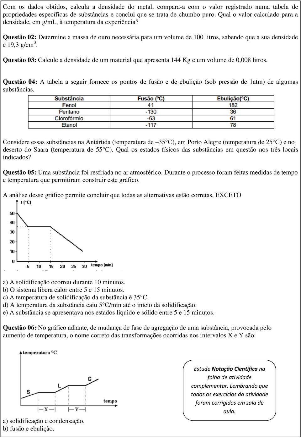 Questão 02: Determine a massa de ouro necessária para um volume de 100 litros, sabendo que a sua densidade é 19,3 g/cm 3.