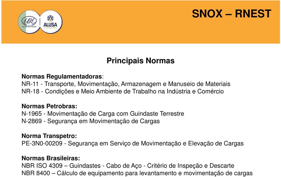 Movimentação de Cargas Norma Transpetro: PE-3N0-00209 - Segurança em Serviço de Movimentação e Elevação de Cargas Normas Brasileiras: NBR