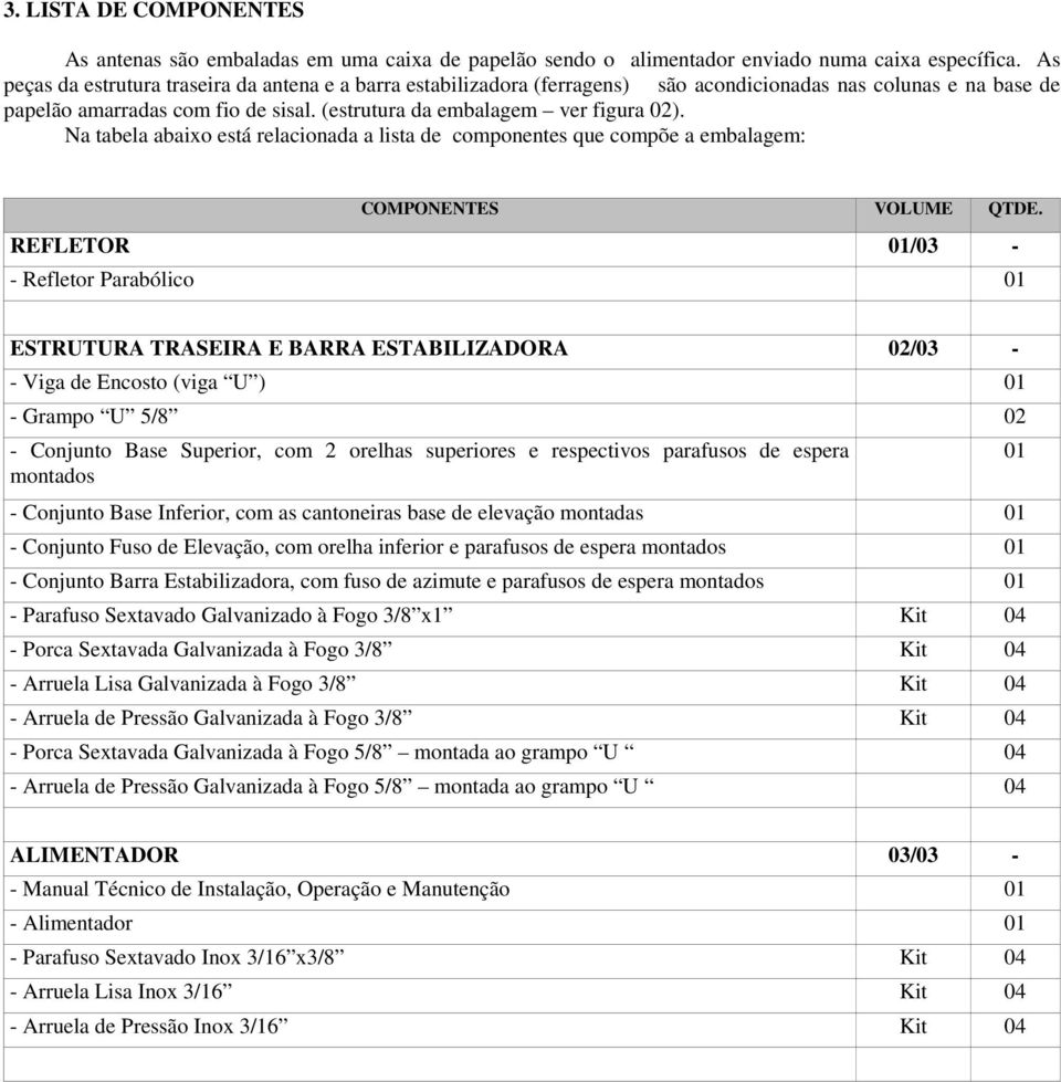 Na tabela abaixo está relacionada a lista de componentes que compõe a embalagem: COMPONENTES VOLUME QTDE.