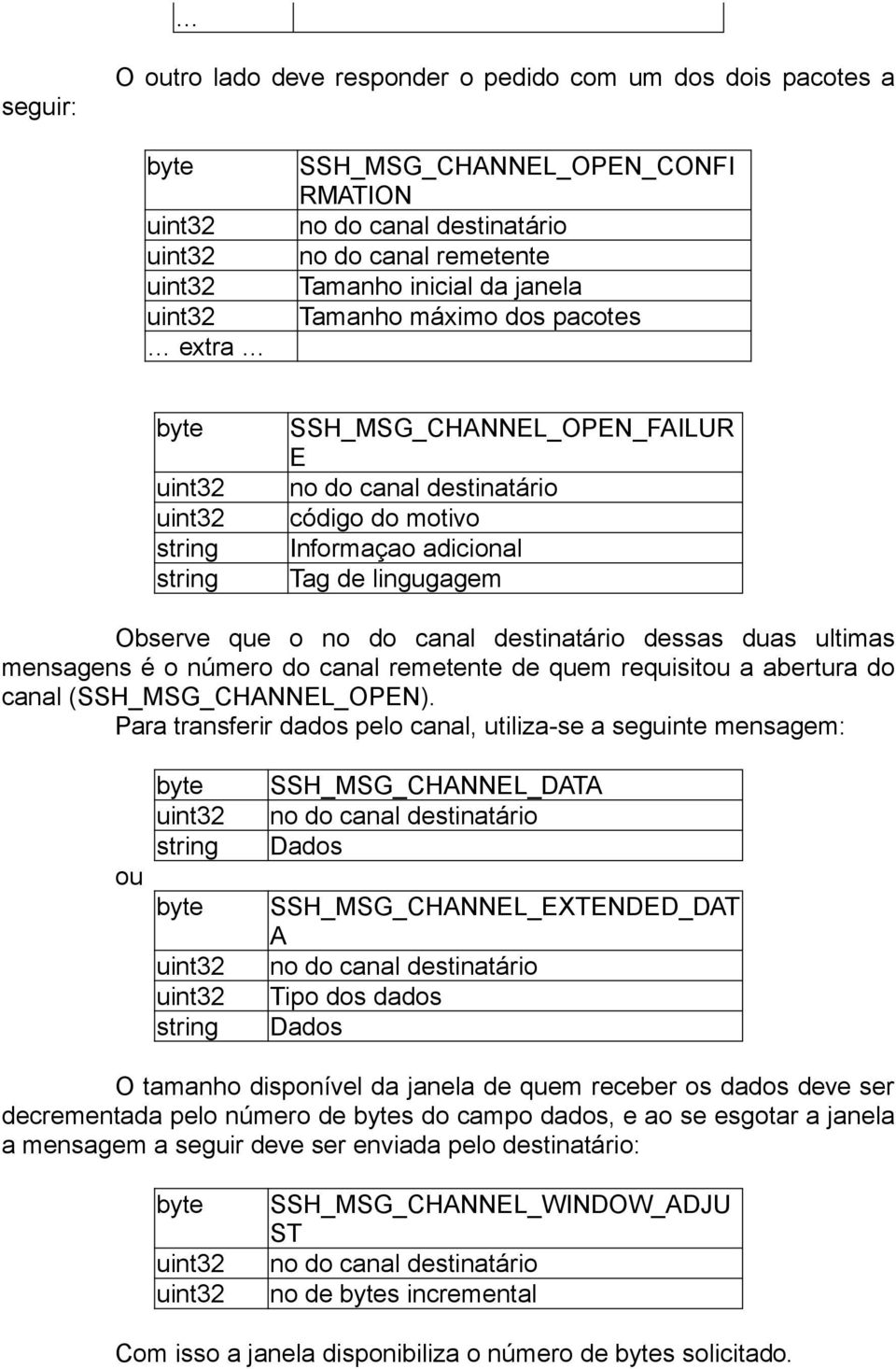 mensagens é o número do canal remetente de quem requisitou a abertura do canal (SSH_MSG_CHANNEL_OPEN).