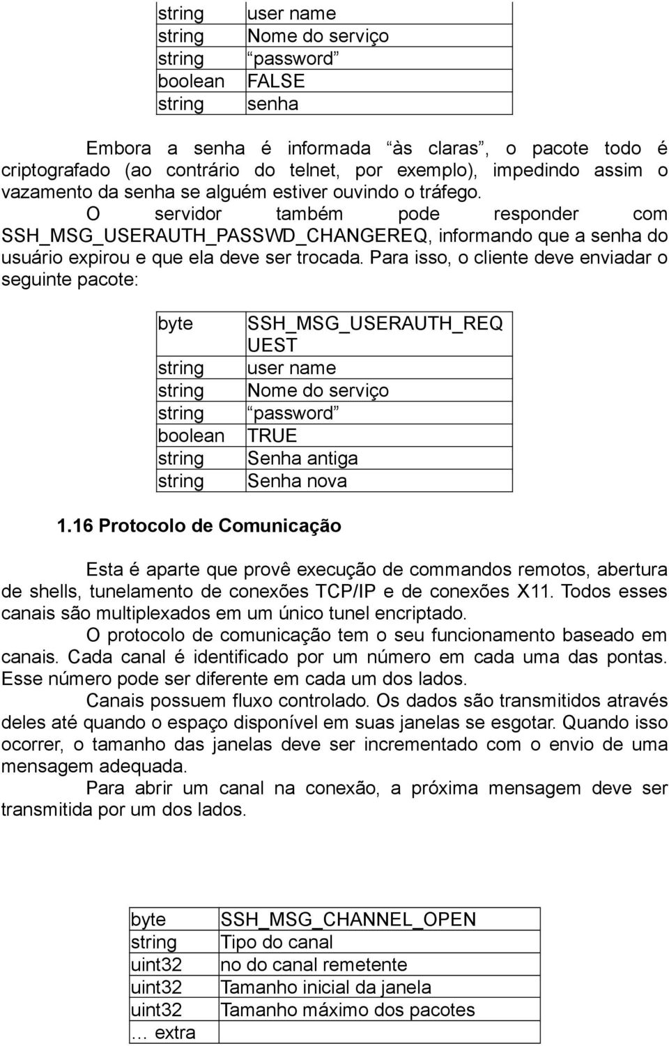 Para isso, o cliente deve enviadar o seguinte pacote: byte boolean SSH_MSG_USERAUTH_REQ UEST user name Nome do serviço password TRUE Senha antiga Senha nova 1.