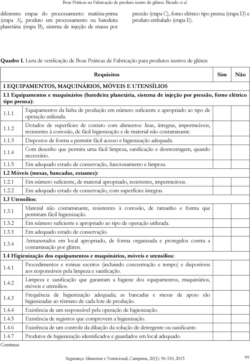 Lista de verificação de Boas Práticas de Fabricação para produtos isentos de glúten 1 EQUIPAMENTOS, MAQUINÁRIOS, MÓVEIS E UTENSÍLIOS Requisitos Sim Não 1.