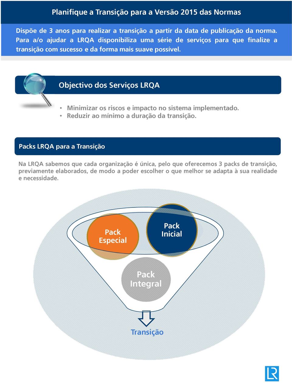 Objectivo dos Serviços LRQA Minimizar os riscos e impacto no sistema implementado. Reduzir ao mínimo a duração da transição.