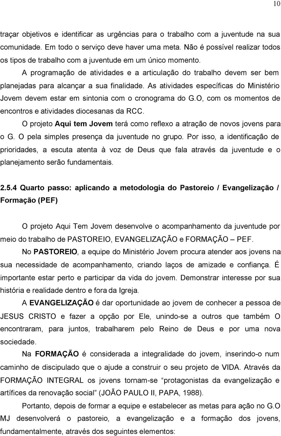 As atividades específicas do Ministério Jovem devem estar em sintonia com o cronograma do G.O, com os momentos de encontros e atividades diocesanas da RCC.