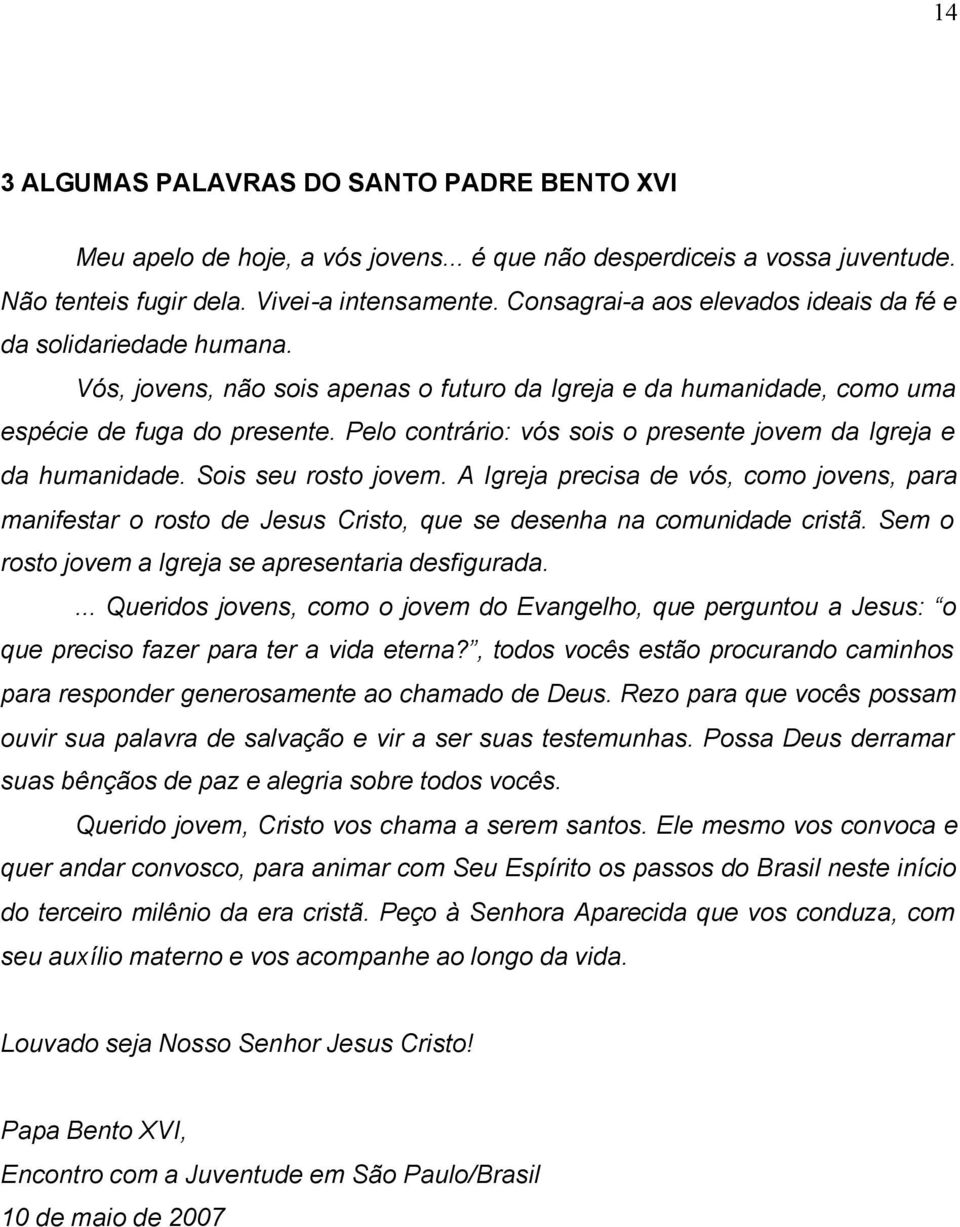 Pelo contrário: vós sois o presente jovem da Igreja e da humanidade. Sois seu rosto jovem.