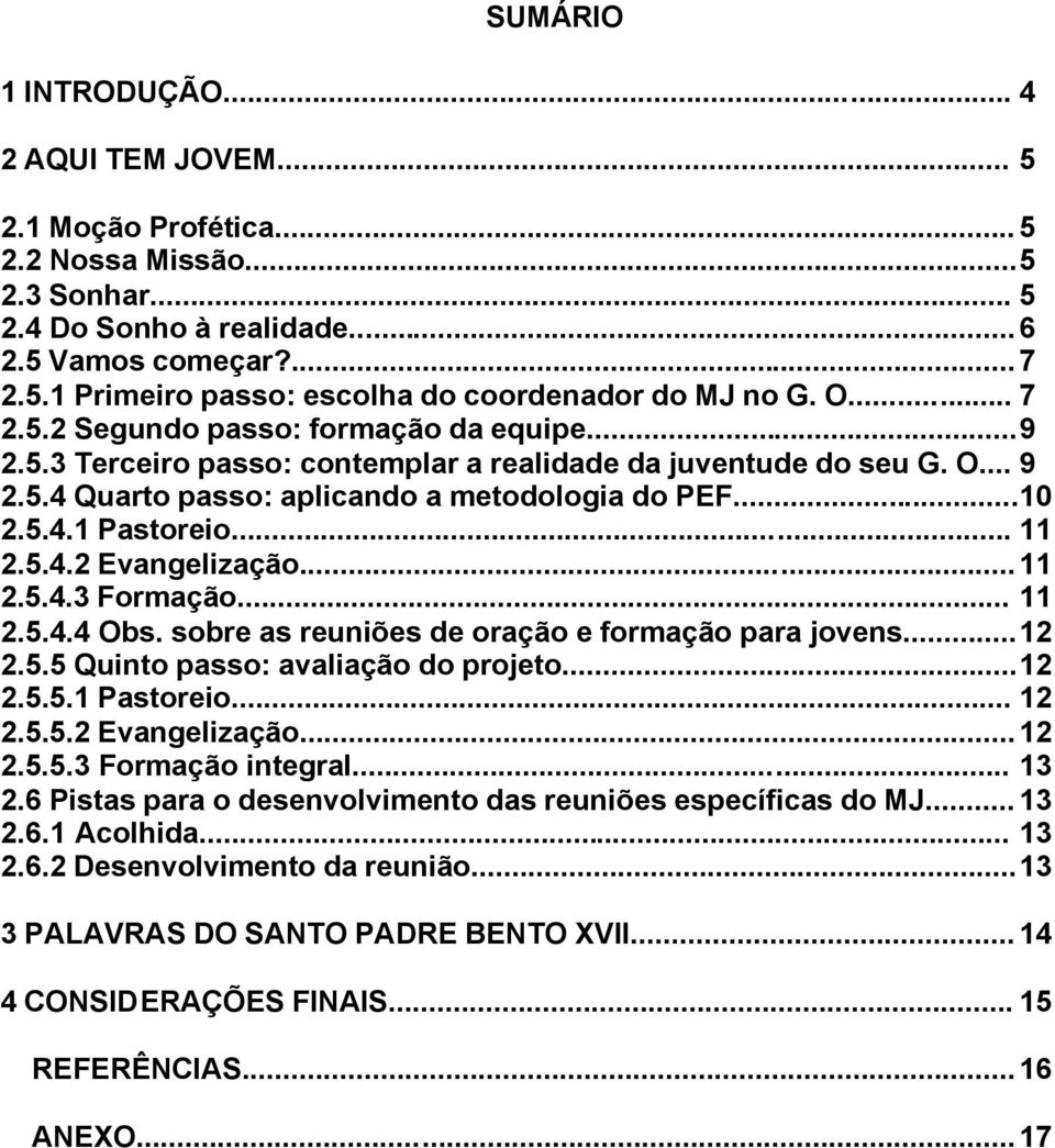 .. 11 2.5.4.2 Evangelização... 11 2.5.4.3 Formação... 11 2.5.4.4 Obs. sobre as reuniões de oração e formação para jovens...12 2.5.5 Quinto passo: avaliação do projeto...12 2.5.5.1 Pastoreio... 12 2.5.5.2 Evangelização... 12 2.5.5.3 Formação integral.