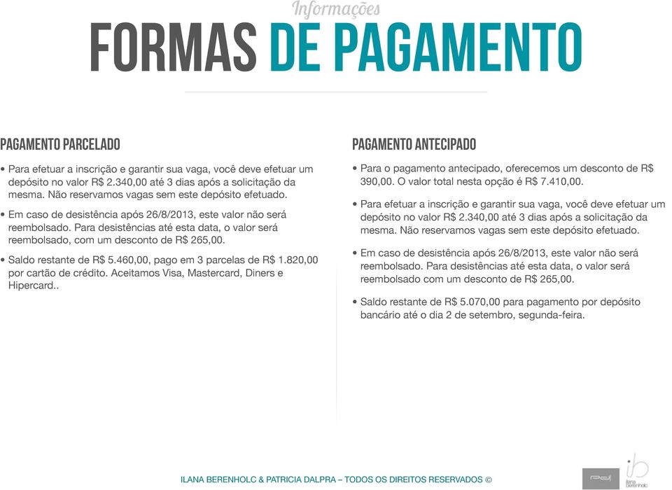 Para desistências até esta data, o valor será reembolsado, com um desconto de R$ 265,00. Saldo restante de R$ 5.460,00, pago em 3 parcelas de R$ 1.820,00 por cartão de crédito.