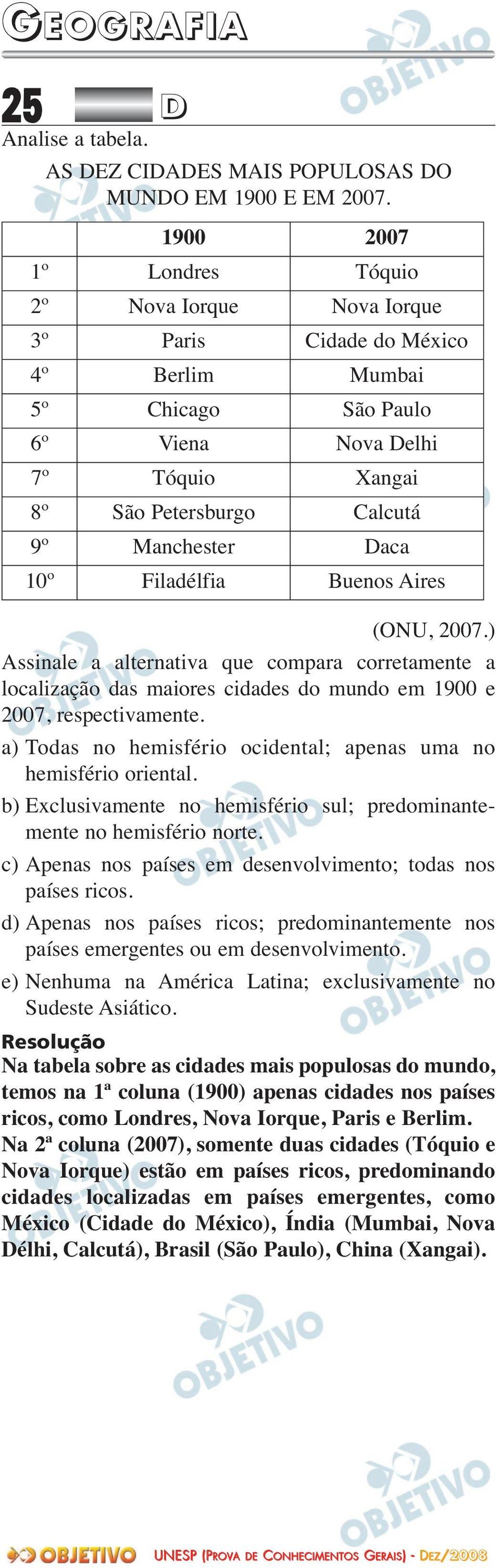 Daca 10º Filadélfia Buenos Aires (ONU, 2007.) Assinale a alternativa que compara corretamente a localização das maiores cidades do mundo em 1900 e 2007, respectivamente.