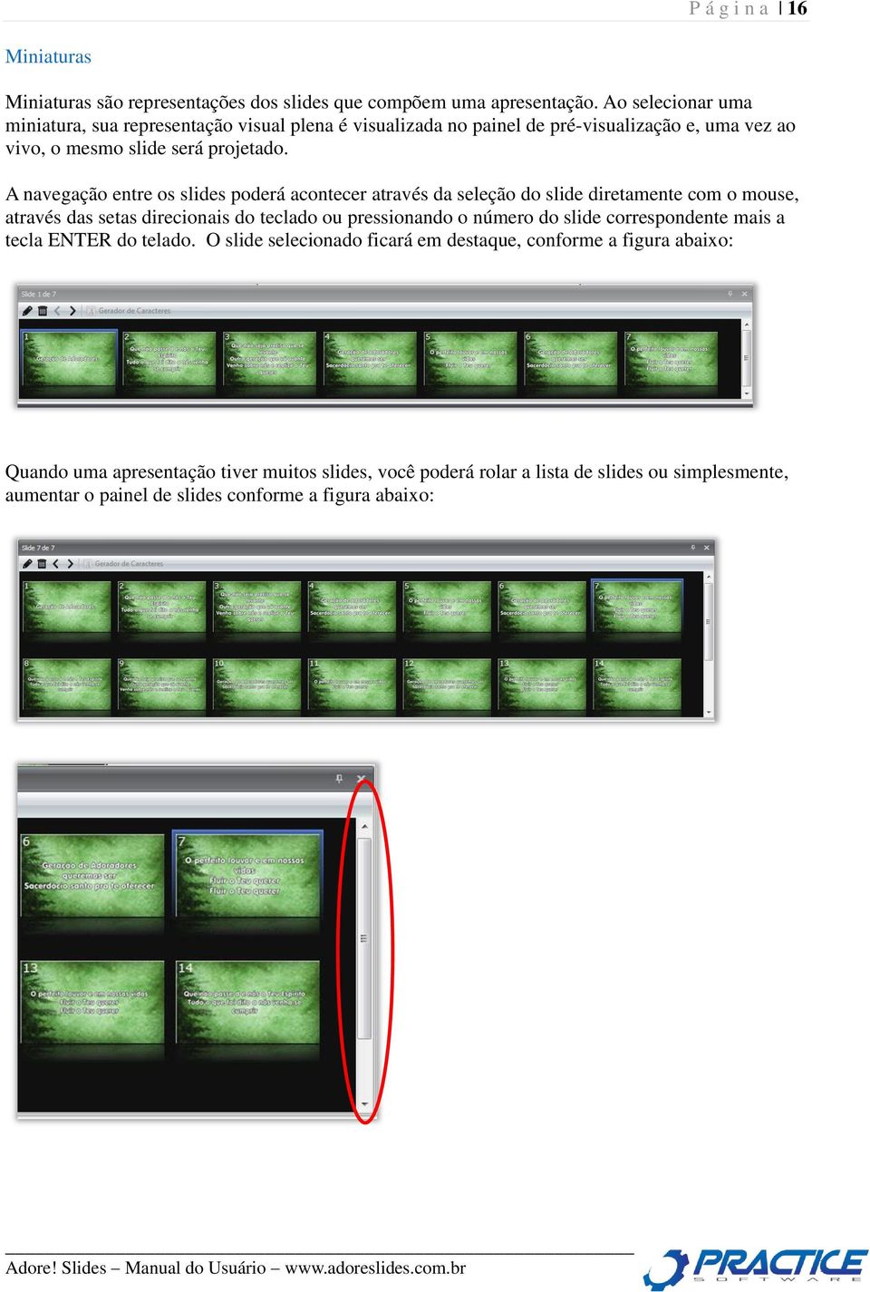 A navegação entre os slides poderá acontecer através da seleção do slide diretamente com o mouse, através das setas direcionais do teclado ou pressionando o número do