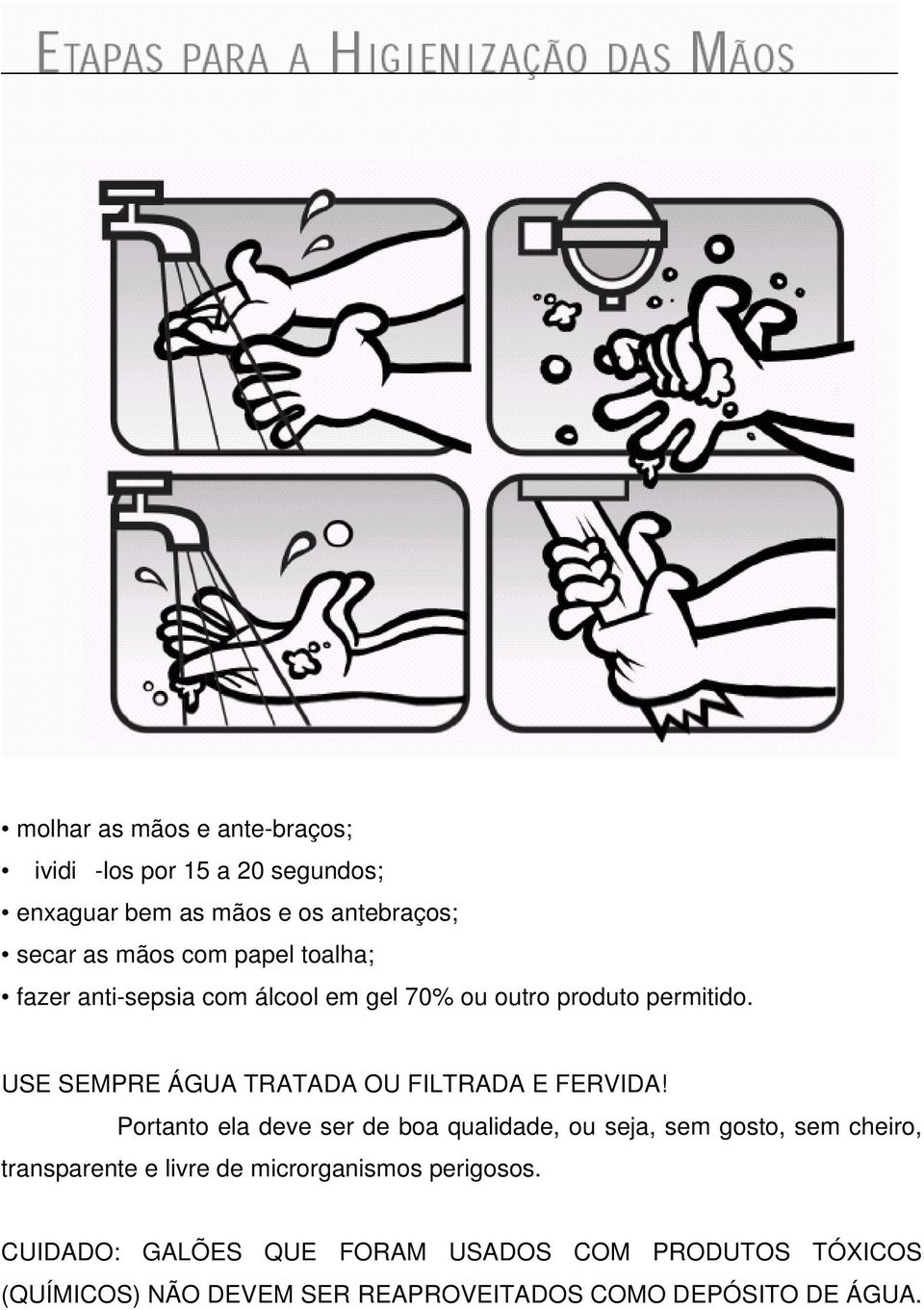 USE SEMPRE ÁGUA TRATADA OU FILTRADA E FERVIDA!