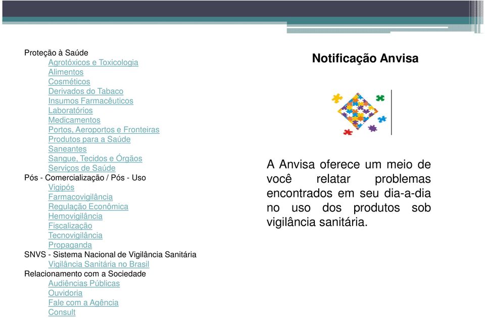 Fiscalização Tecnovigilância Propaganda SNVS - Sistema Nacional de Vigilância Sanitária Vigilância Sanitária no Brasil Relacionamento com a Sociedade Audiências Públicas