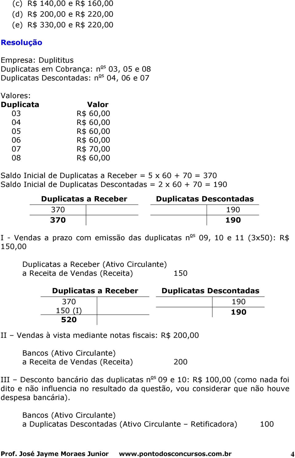 Duplicatas a Receber 370 370 Duplicatas Descontadas 190 190 I - Vendas a prazo com emissão das duplicatas n os 09, 10 e 11 (3x50): R$ 150,00 Duplicatas a Receber (Ativo Circulante) a Receita de