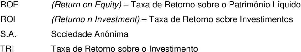 Patrimônio Líquido (Returno n Investment) Taxa