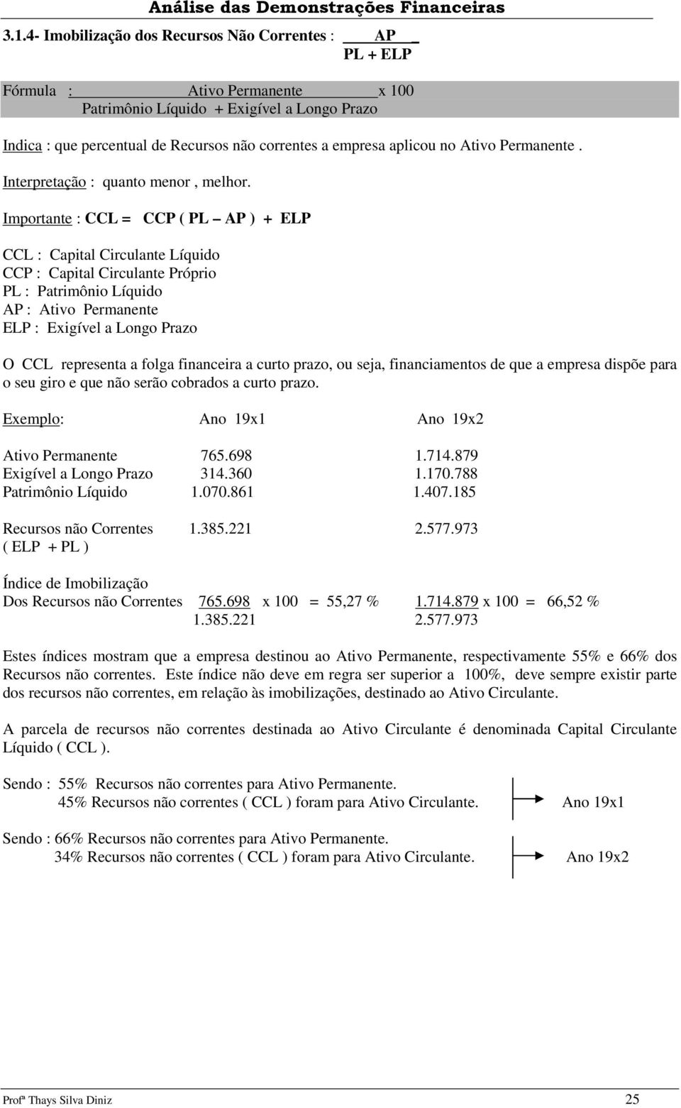 Importante : CCL = CCP ( PL AP ) + ELP CCL : Capital Líquido CCP : Capital Próprio PL : Patrimônio Líquido AP : Ativo Permanente ELP : Exigível a Longo Prazo O CCL representa a folga financeira a