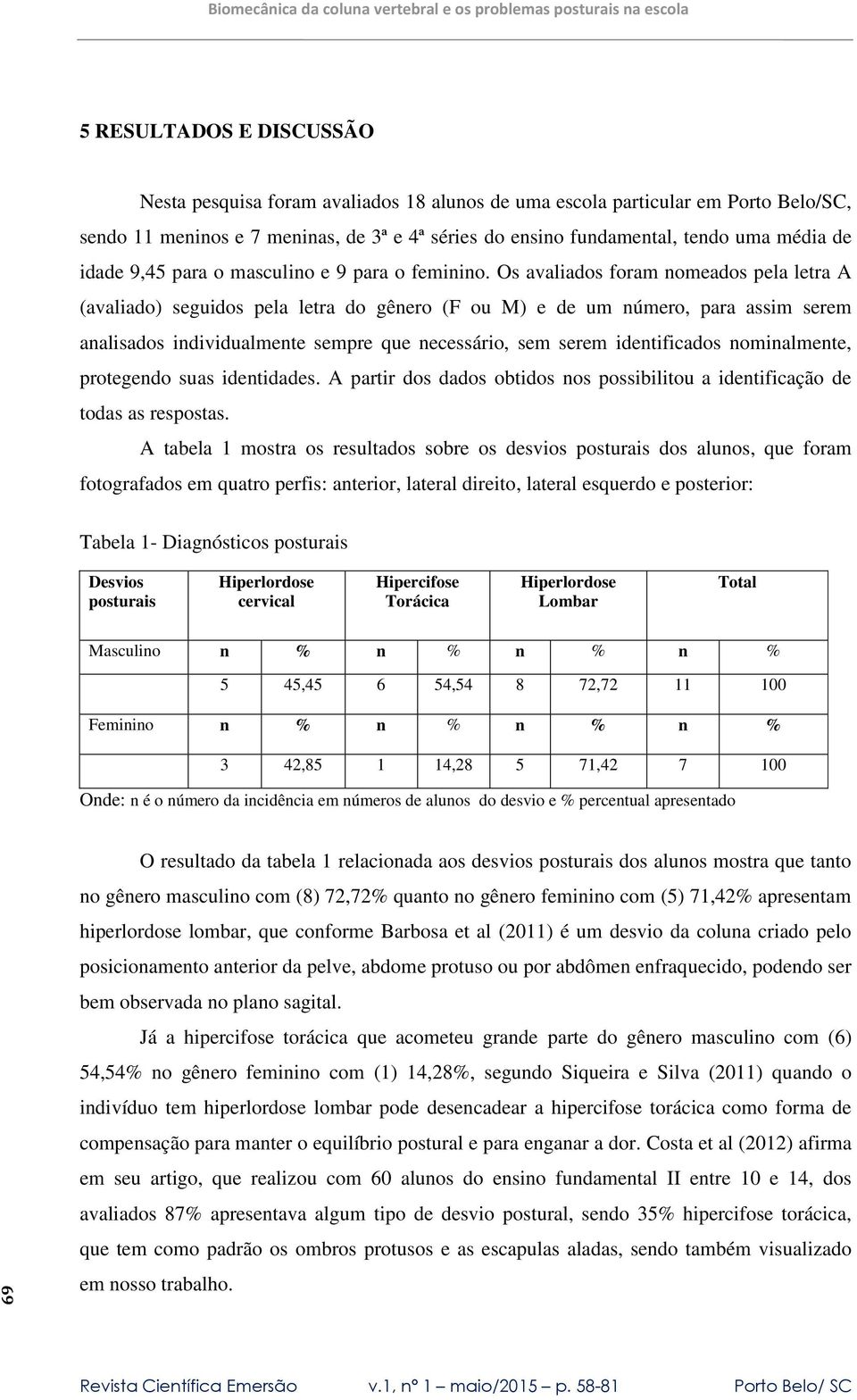 Os avaliados foram nomeados pela letra A (avaliado) seguidos pela letra do gênero (F ou M) e de um número, para assim serem analisados individualmente sempre que necessário, sem serem identificados