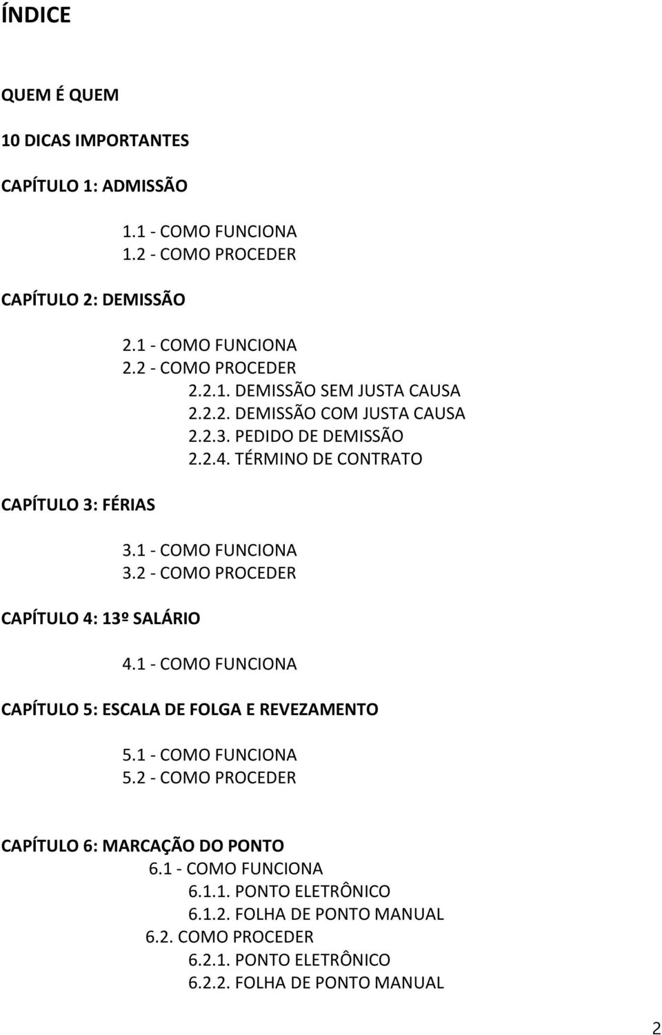 TÉRMINO DE CONTRATO 3.1 - COMO FUNCIONA 3.2 - COMO PROCEDER 4.1 - COMO FUNCIONA CAPÍTULO 5: ESCALA DE FOLGA E REVEZAMENTO 5.1 - COMO FUNCIONA 5.