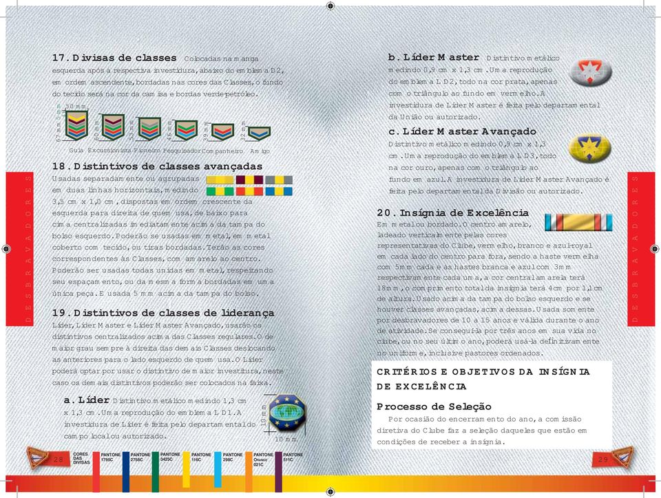 Distintivos de classes avançadas Usadas separadamente ou agrupadas em duas linhas horizontais, medindo 3, x 1,0 cm, dispostas em ordem crescente da esquerda para direita de quem usa, de baixo para