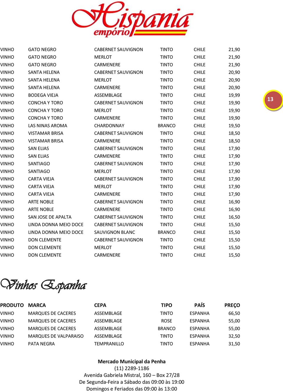 VINHO CONCHA Y TORO MERLOT TINTO CHILE 19,90 VINHO CONCHA Y TORO CARMENERE TINTO CHILE 19,90 VINHO LAS NINAS AROMA CHARDONNAY BRANCO CHILE 19,50 VINHO VISTAMAR BRISA CABERNET SAUVIGNON TINTO CHILE