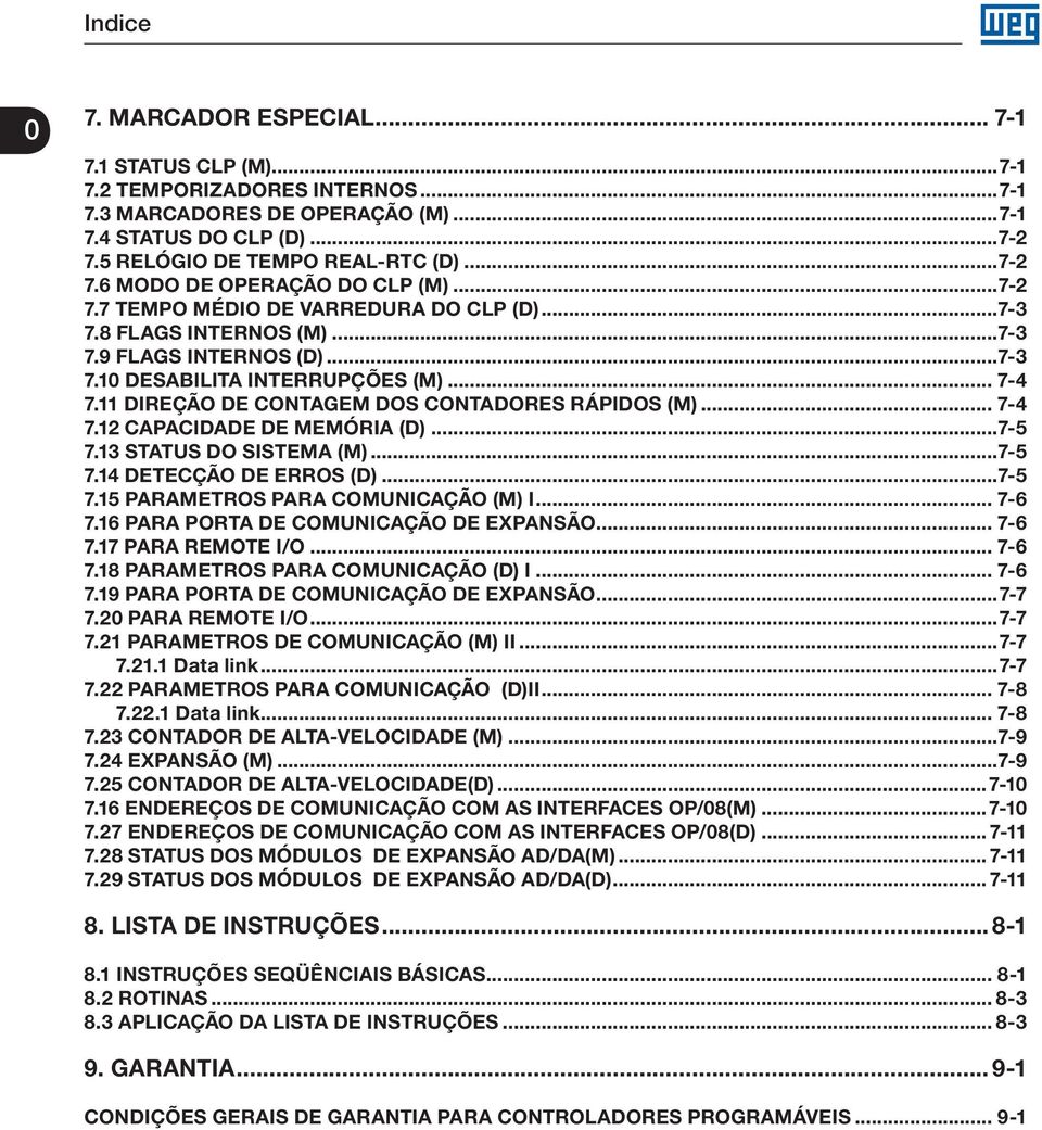11 DIREÇÃO DE CONTAGEM DOS CONTADORES RÁPIDOS (M)... 7-4 7.12 CAPACIDADE DE MEMÓRIA (D)...7-5 7.13 STATUS DO SISTEMA (M)...7-5 7.14 DETECÇÃO DE ERROS (D)...7-5 7.15 PARAMETROS PARA COMUNICAÇÃO (M) I.
