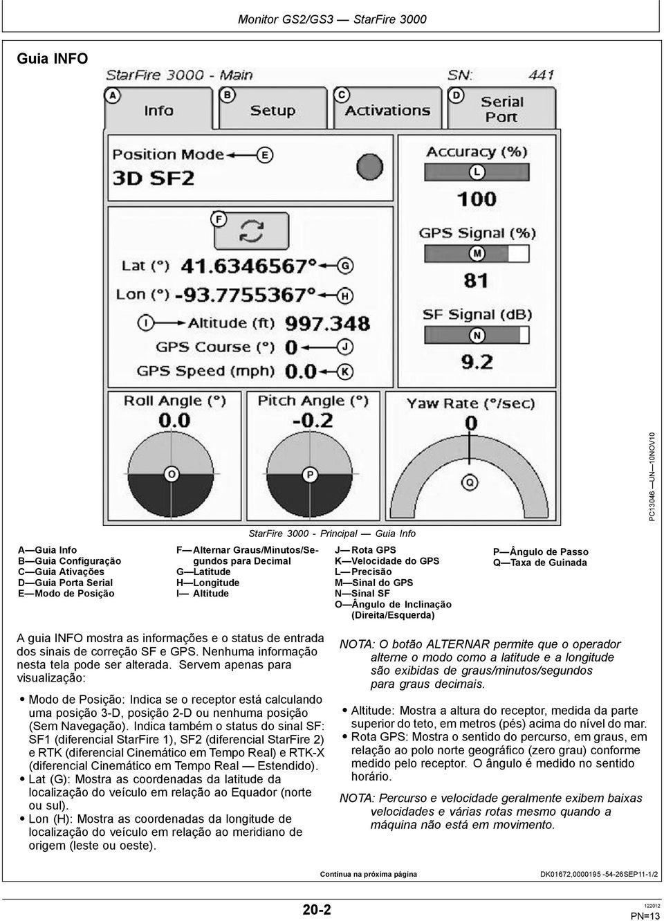 Taxa de Guinada A guia INFO mostra as informações e o status de entrada dos sinais de correção SF e GPS. Nenhuma informação nesta tela pode ser alterada.
