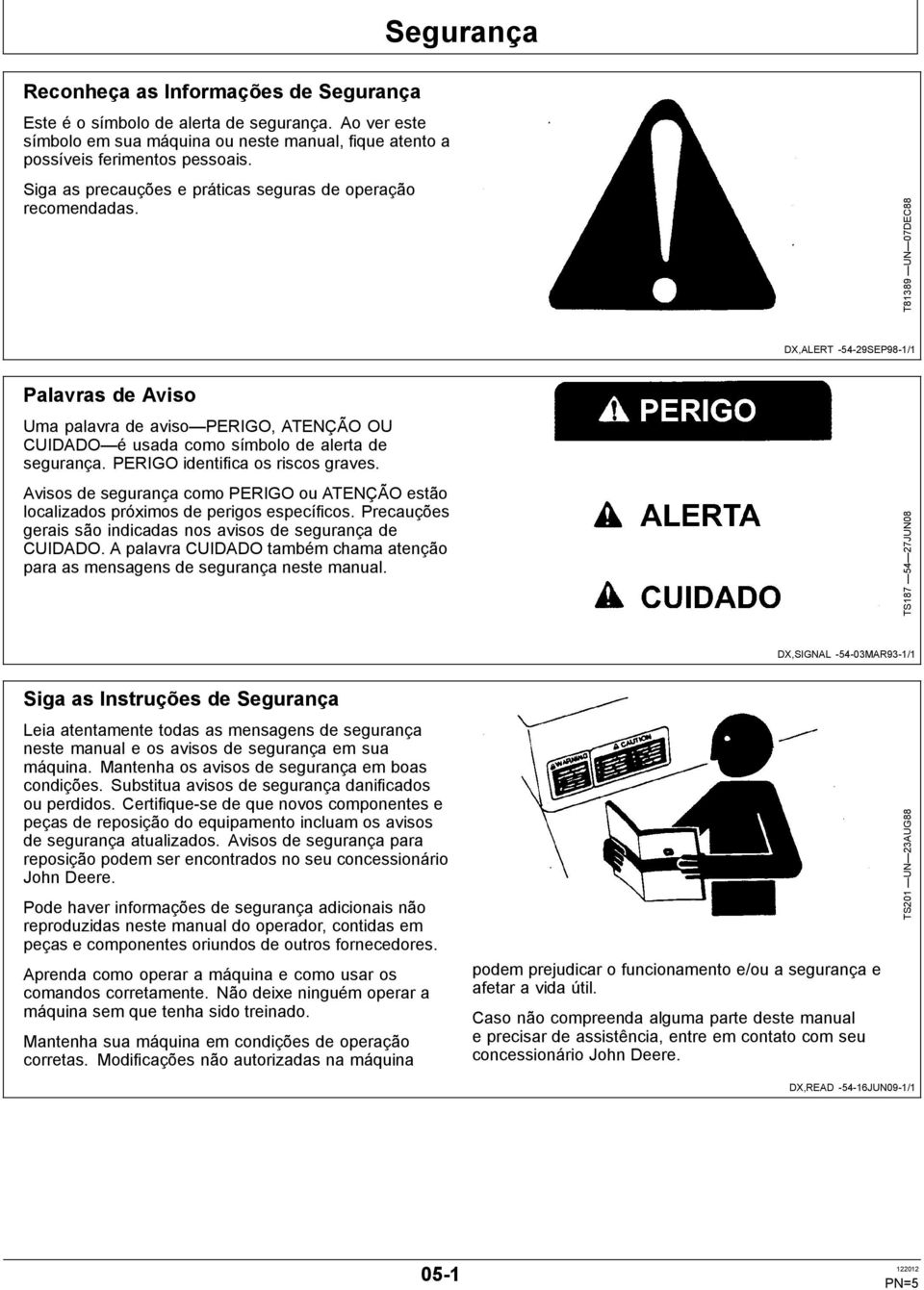 T81389 UN 07DEC88 DX,ALERT -54-29SEP98-1/1 Palavras de Aviso Uma palavra de aviso PERIGO, ATENÇÃO OU CUIDADO é usada como símbolo de alerta de segurança. PERIGO identifica os riscos graves.