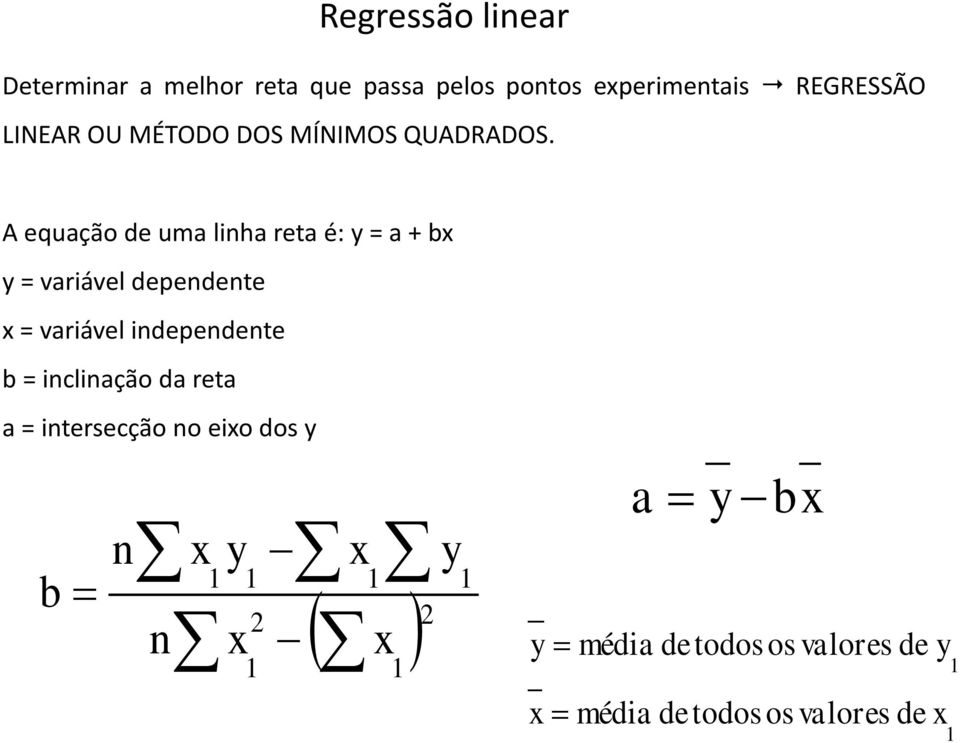 A equação de uma linha reta é: = a + b = variável dependente = variável