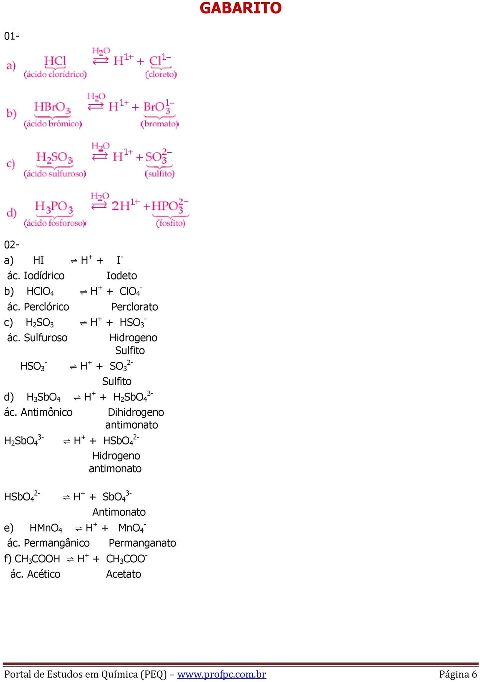 - Nitrito i) PO 4 Fosfato 05-06- D 07- a) Vinagre b) CH 3 COOH + H 2 O H 3 O + + CH 3 COO - 08-1,