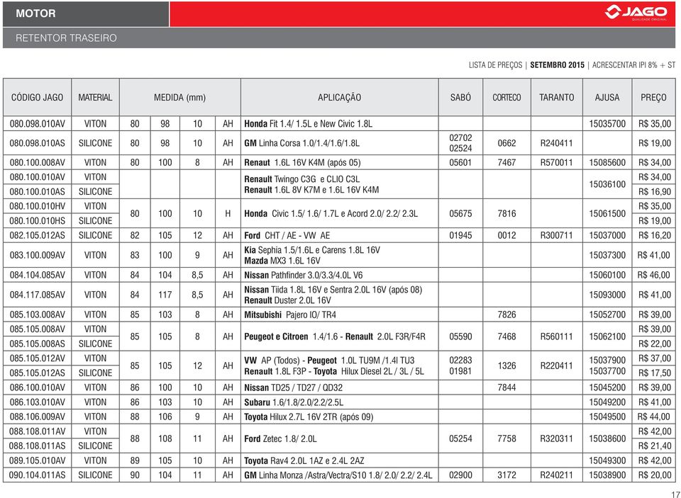 100.010AS SILICONE Renault 1.6L 8V K7M e 1.6L 16V K4M R$ 16,90 080.100.010HV VITON R$ 35,00 80 100 10 H Honda Civic 1.5/ 1.6/ 1.7L e Acord 2.0/ 2.2/ 2.3L 05675 7816 15061500 080.100.010HS SILICONE R$ 19,00 082.