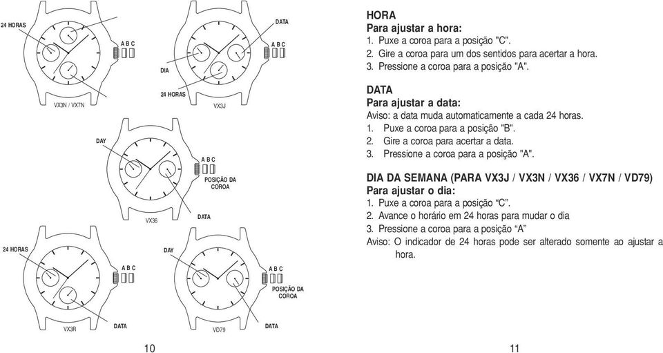 3. Pressione a coroa para a posição "A". 24 S VX36 DAY POSIÇÃO DA COROA DIA DA SEMANA (para VX3J / VX3N / VX36 / VX7N / VD79) Para ajustar o dia: 2.