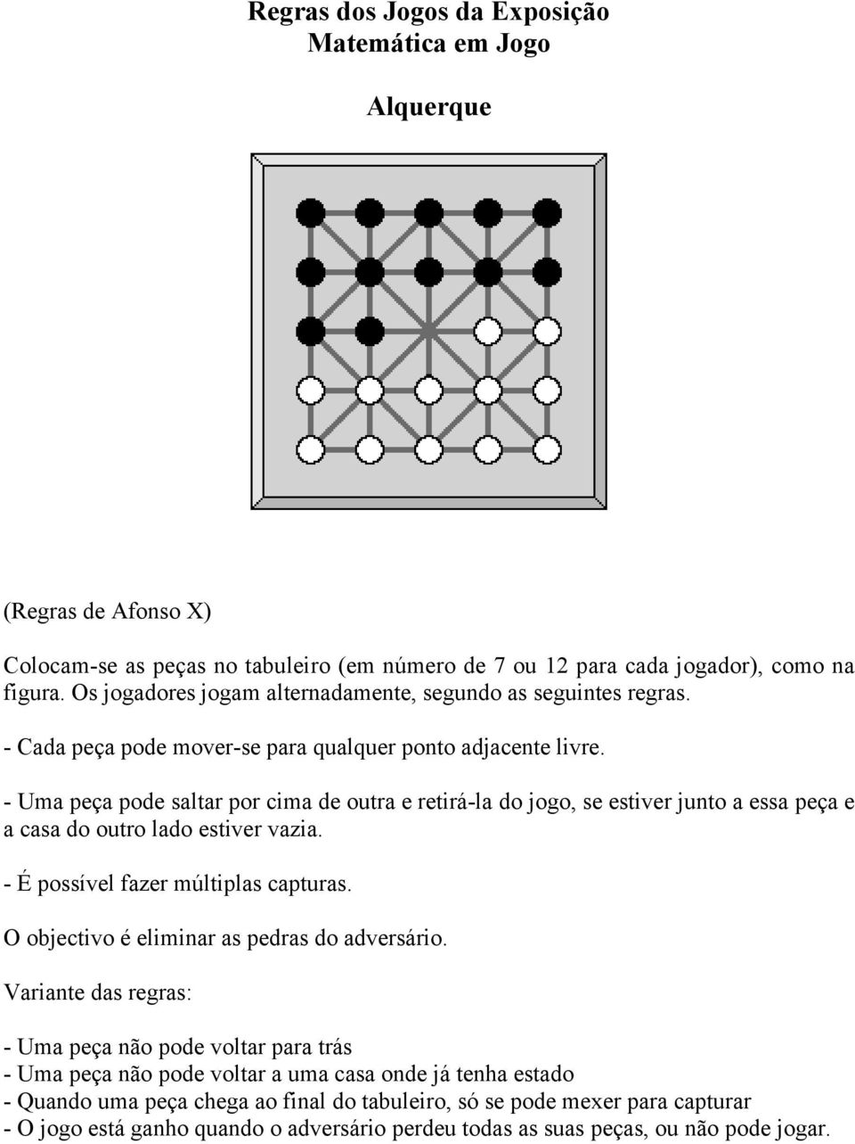 - Uma peça pode saltar por cima de outra e retirá-la do jogo, se estiver junto a essa peça e a casa do outro lado estiver vazia. - É possível fazer múltiplas capturas.