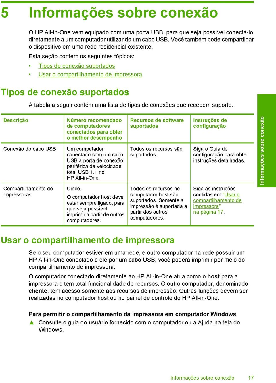 Esta seção contém os seguintes tópicos: Tipos de conexão suportados Usar o compartilhamento de impressora Tipos de conexão suportados A tabela a seguir contém uma lista de tipos de conexões que