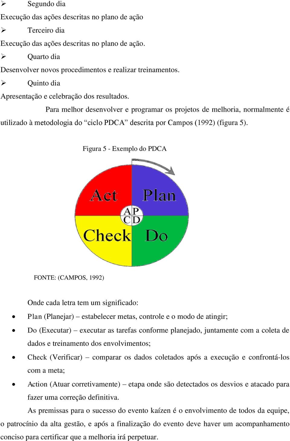 Para melhor desenvolver e programar os projetos de melhoria, normalmente é utilizado à metodologia do ciclo PDCA descrita por Campos (1992) (figura 5).