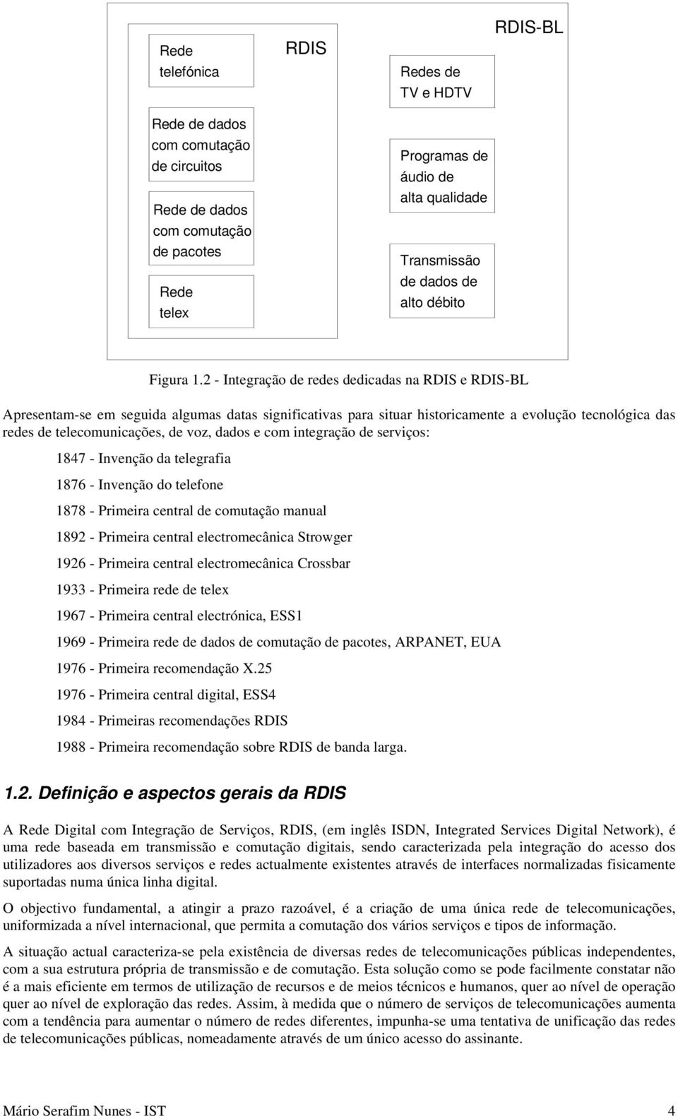 2 - Integração de redes dedicadas na RDIS e RDIS-BL Apresentam-se em seguida algumas datas significativas para situar historicamente a evolução tecnológica das redes de telecomunicações, de voz,