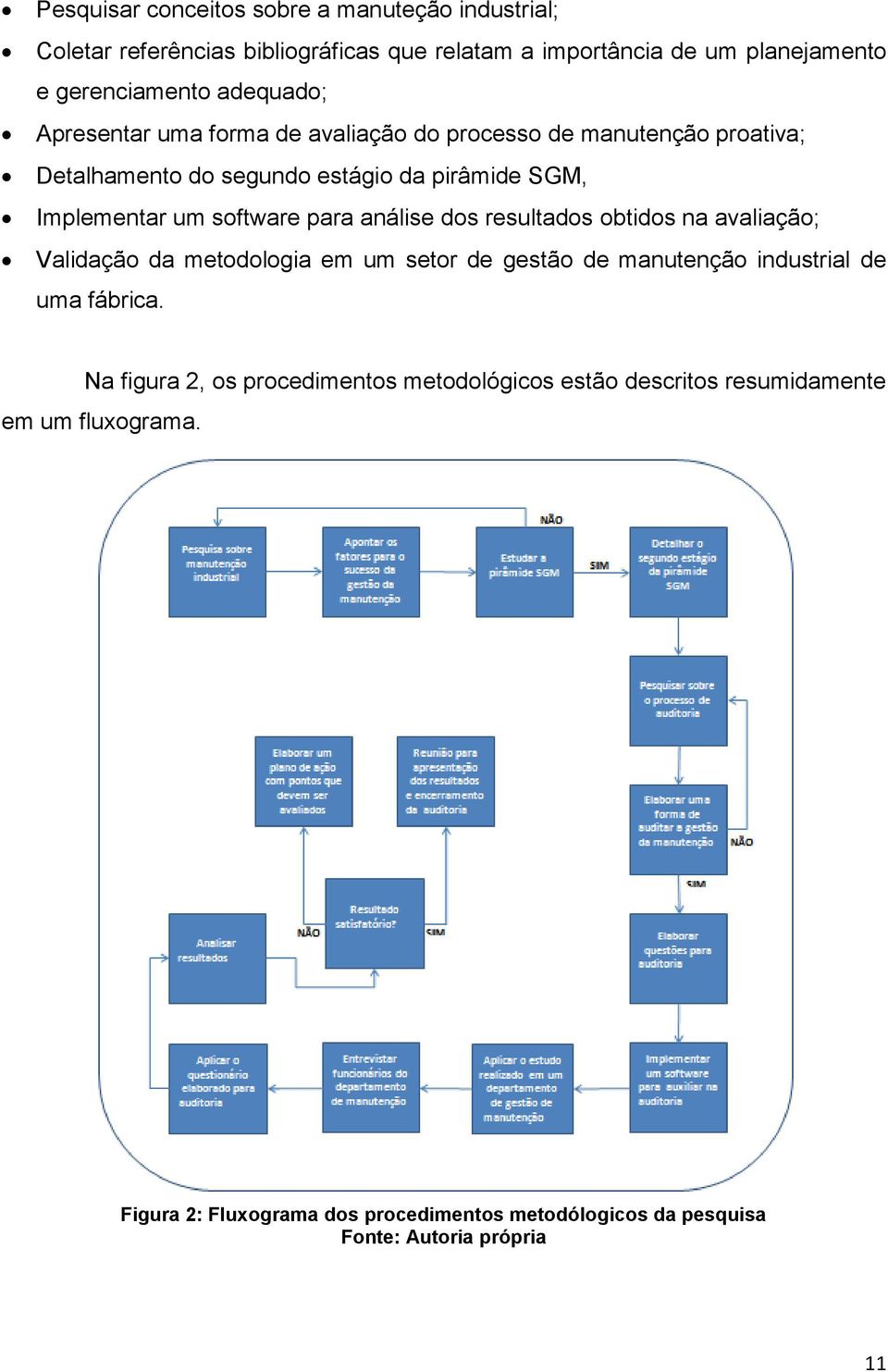 para análise dos resultados obtidos na avaliação; Validação da metodologia em um setor de gestão de manutenção industrial de uma fábrica.