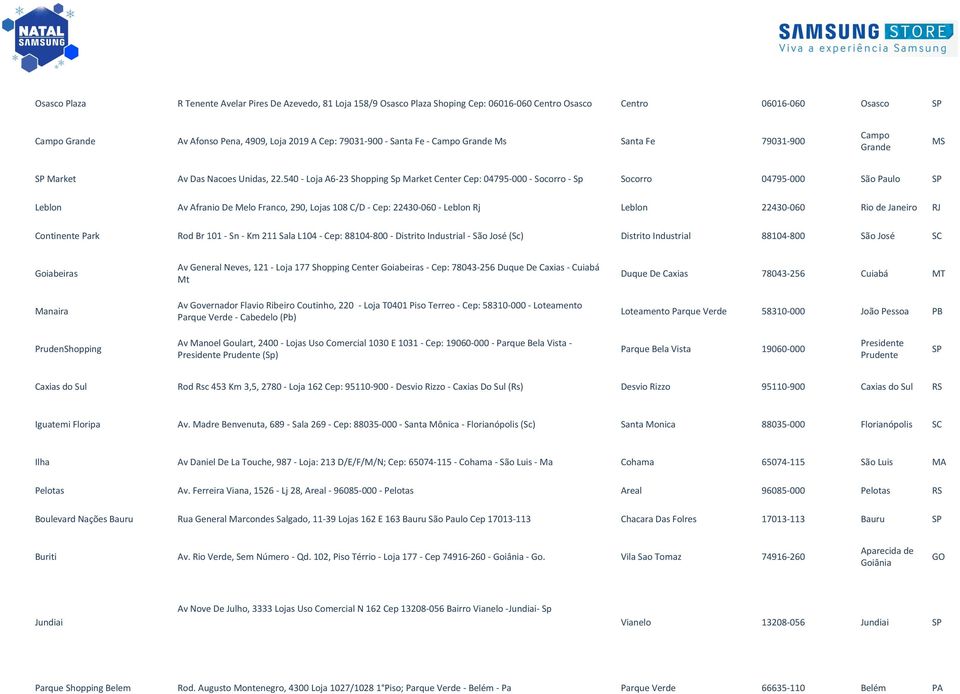 540 - Loja A6-23 Shopping Sp Market Center Cep: 04795-000 - Socorro - Sp Socorro 04795-000 São Paulo SP Leblon Av Afranio De Melo Franco, 290, Lojas 108 C/D - Cep: 22430-060 - Leblon Rj Leblon