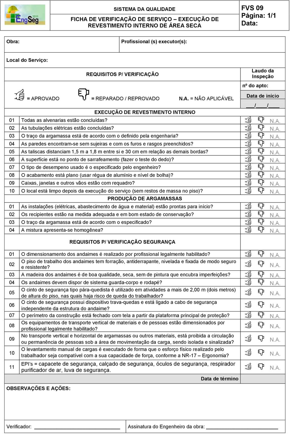 04 As paredes encontram-se sem sujeiras e com os furos e rasgos preenchidos? As taliscas distanciam 1,5 m a 1,8 m entre si e 30 cm em relação as demais bordas?