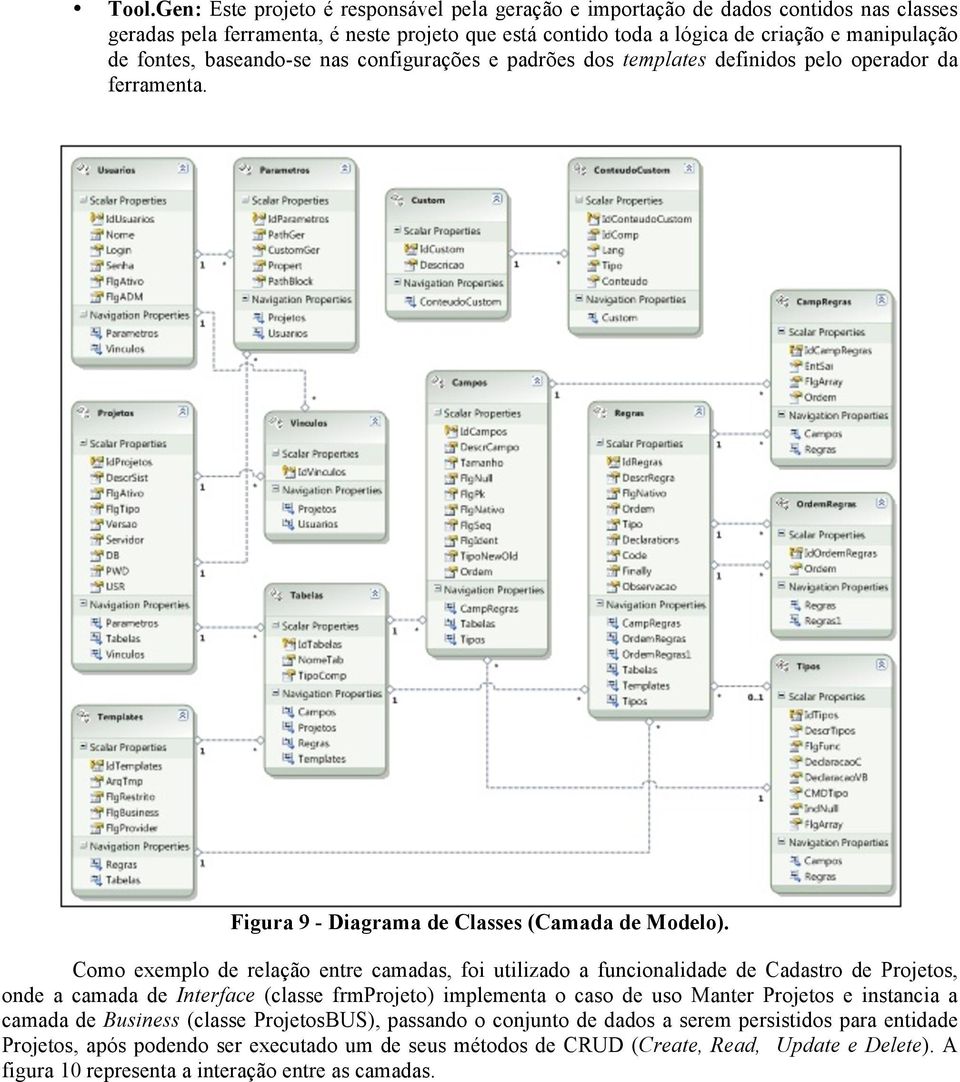 Como exemplo de relação entre camadas, foi utilizado a funcionalidade de Cadastro de Projetos, onde a camada de Interface (classe frmprojeto) implementa o caso de uso Manter Projetos e instancia a