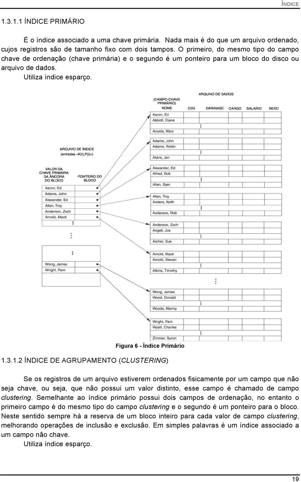 3.1.2 ÍNDICE DE AGRUPAMENTO (CLUSTERING) Se os registros de um arquivo estiverem ordenados fisicamente por um campo que não seja chave, ou seja, que não possui um valor distinto, esse campo é chamado