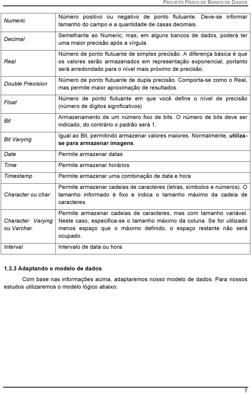 Número de ponto flutuante de simples precisão. A diferença básica é que os valores serão armazenados em representação exponencial, portanto será arredondado para o nível mais próximo de precisão.