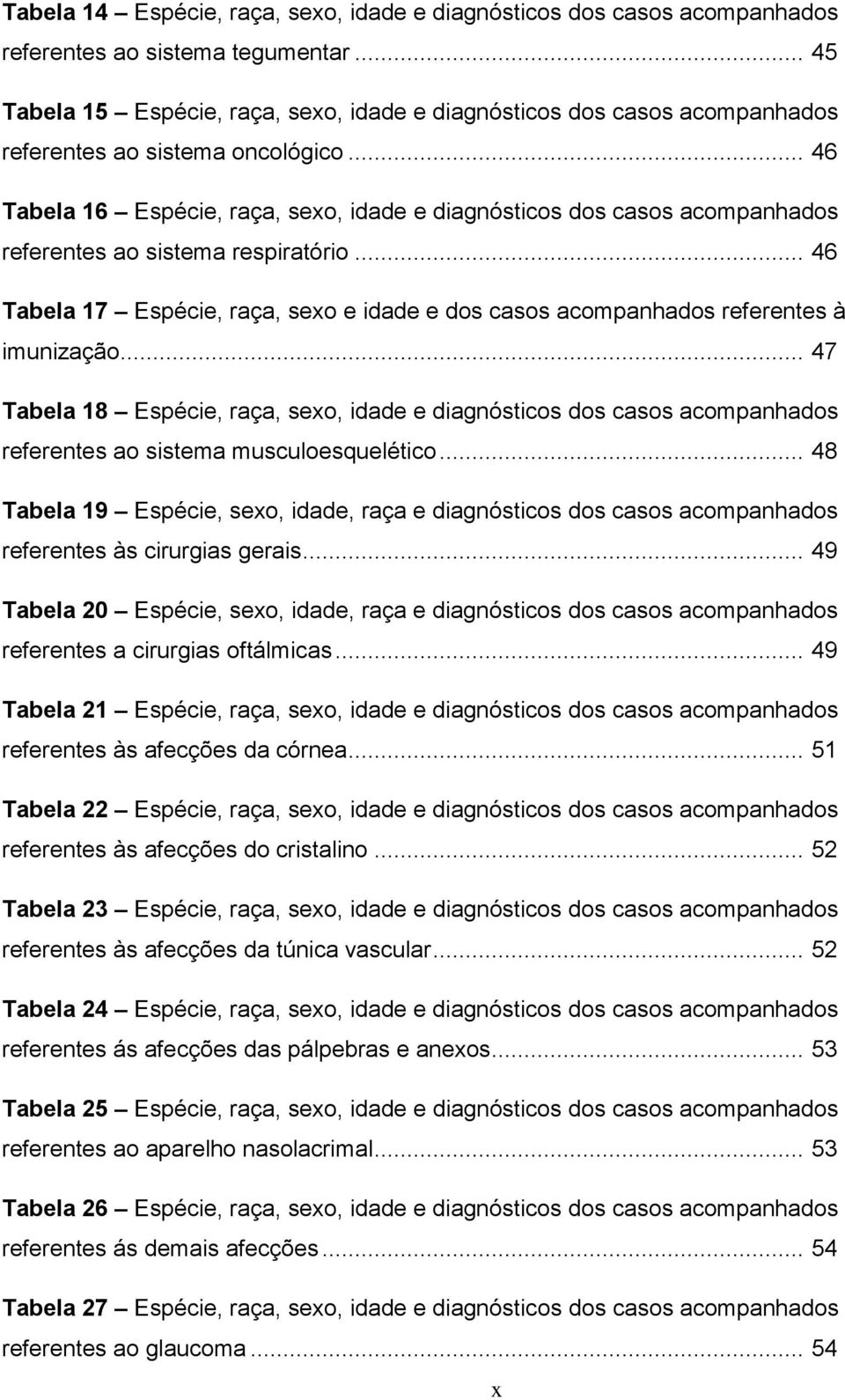 .. 46 Tabela 16 Espécie, raça, sexo, idade e diagnósticos dos casos acompanhados referentes ao sistema respiratório.