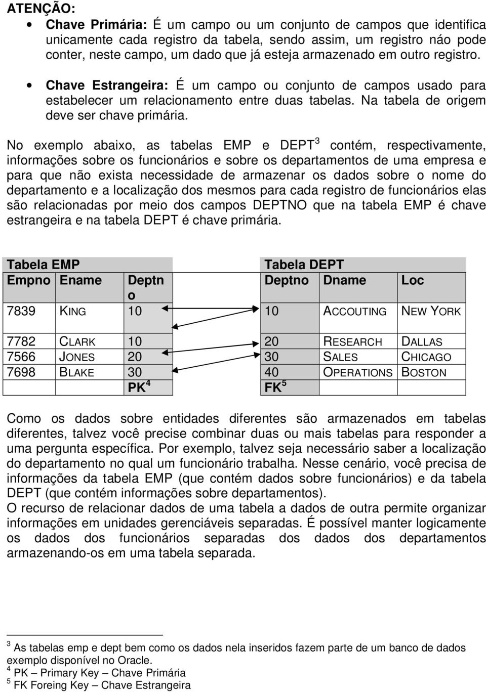 No exemplo abaixo, as tabelas EMP e DEPT 3 contém, respectivamente, informações sobre os funcionários e sobre os departamentos de uma empresa e para que não exista necessidade de armazenar os dados
