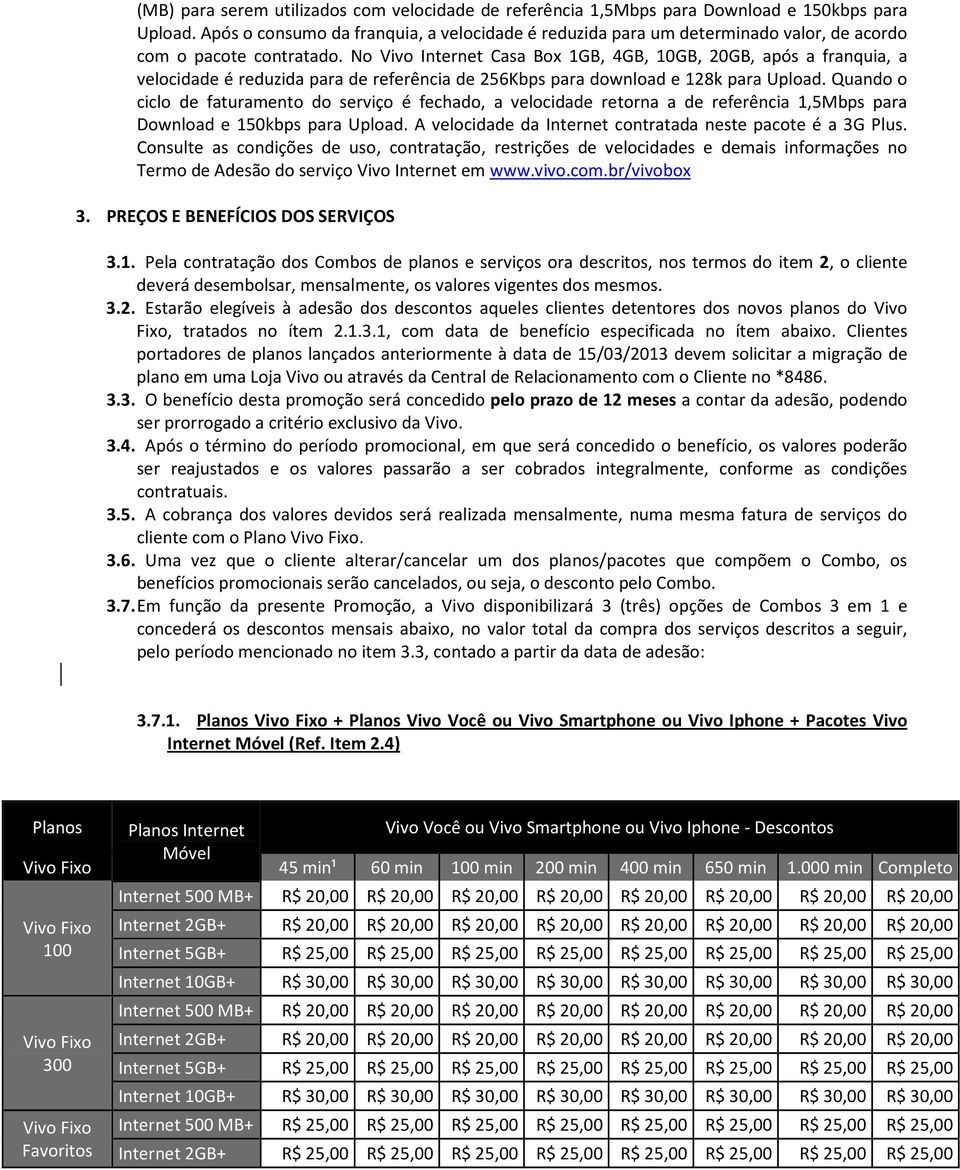 No Vivo Internet Casa Box 1GB, 4GB, 10GB, 20GB, após a franquia, a velocidade é reduzida para de referência de 256Kbps para download e 128k para Upload.