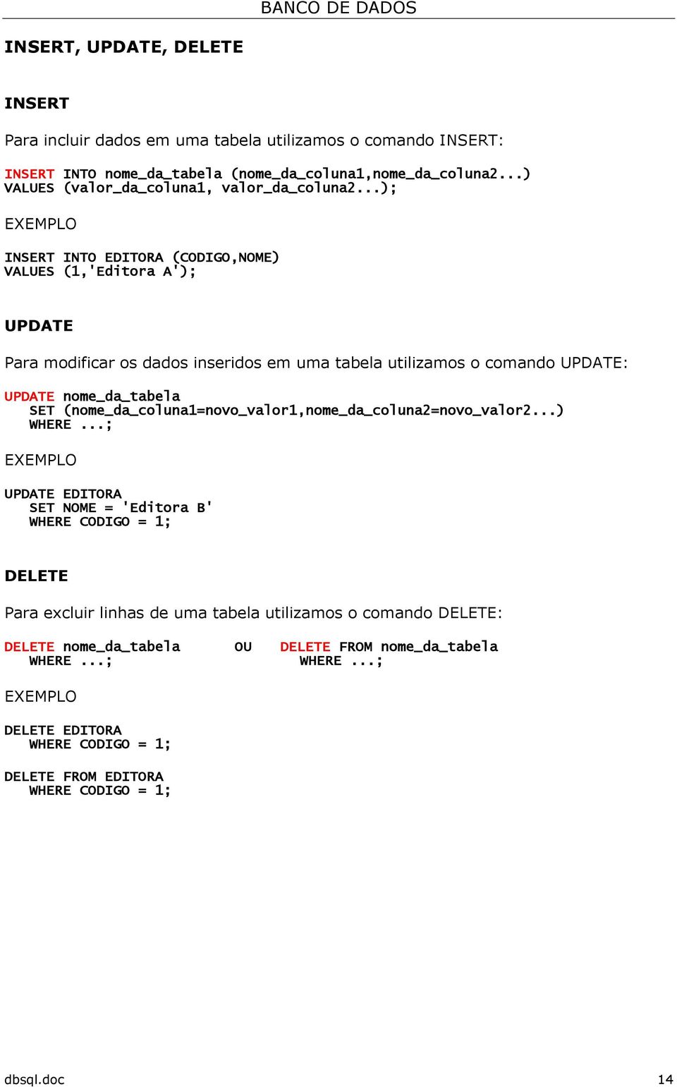 ..); INSERT INTO EDITORA (CODIGO,NOME) VALUES (1,'Editora A'); UPDATE Para modificar os dados inseridos em uma tabela utilizamos o comando UPDATE: UPDATE nome_da_tabela SET