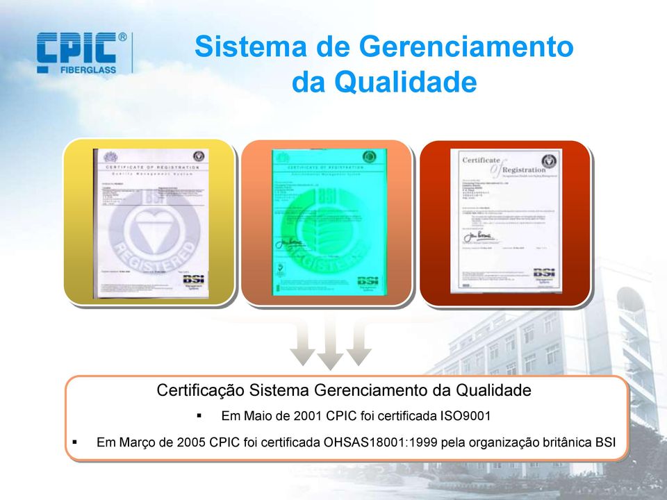 CPIC foi certificada ISO9001 Em Março de 2005 CPIC