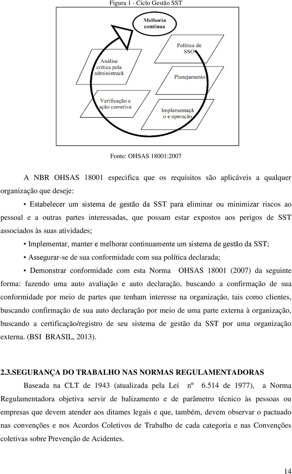 sistema de gestão da SST; Assegurar-se de sua conformidade com sua política declarada; Demonstrar conformidade com esta Norma OHSAS 18001 (2007) da seguinte forma: fazendo uma auto avaliação e auto