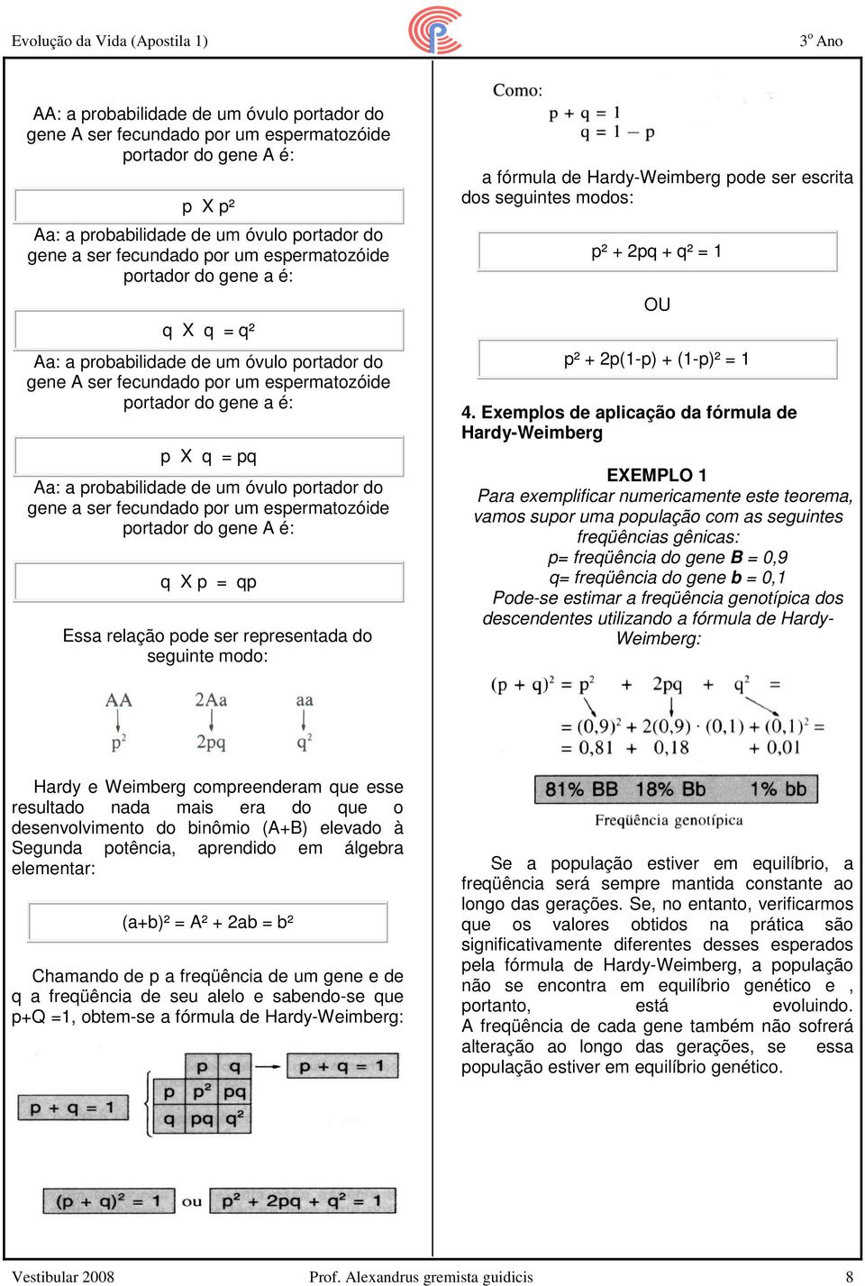 portador do gene a ser fecundado por um espermatozóide portador do gene A é: q X p = qp Essa relação pode ser representada do seguinte modo: a fórmula de Hardy-Weimberg pode ser escrita dos seguintes